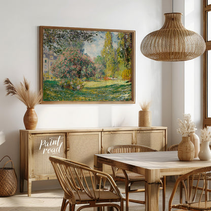 "This painting, ""The Parc Monceau"" by Claude Monet, captures a serene and sunlit scene within the… for dining room