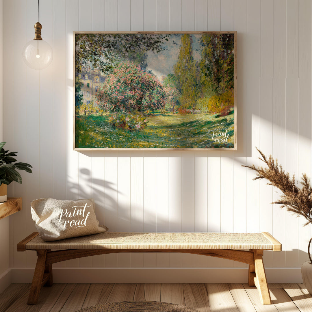 "This painting, ""The Parc Monceau"" by Claude Monet, captures a serene and sunlit scene within the… for hallway