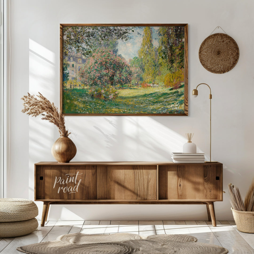 "This painting, ""The Parc Monceau"" by Claude Monet, captures a serene and sunlit scene within the… for living room