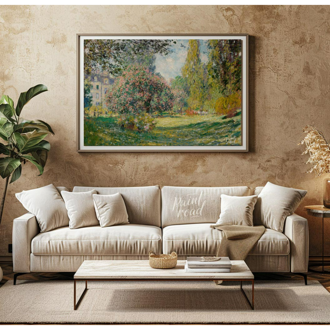 "This painting, ""The Parc Monceau"" by Claude Monet, captures a serene and sunlit scene within the… for living room