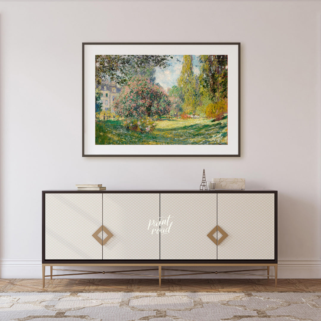 "This painting, ""The Parc Monceau"" by Claude Monet, captures a serene and sunlit scene within the… for living room
