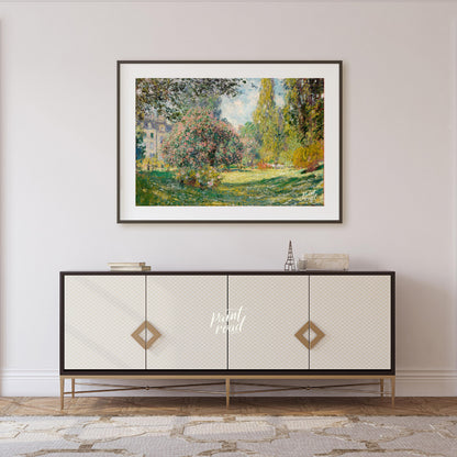 "This painting, ""The Parc Monceau"" by Claude Monet, captures a serene and sunlit scene within the… for living room