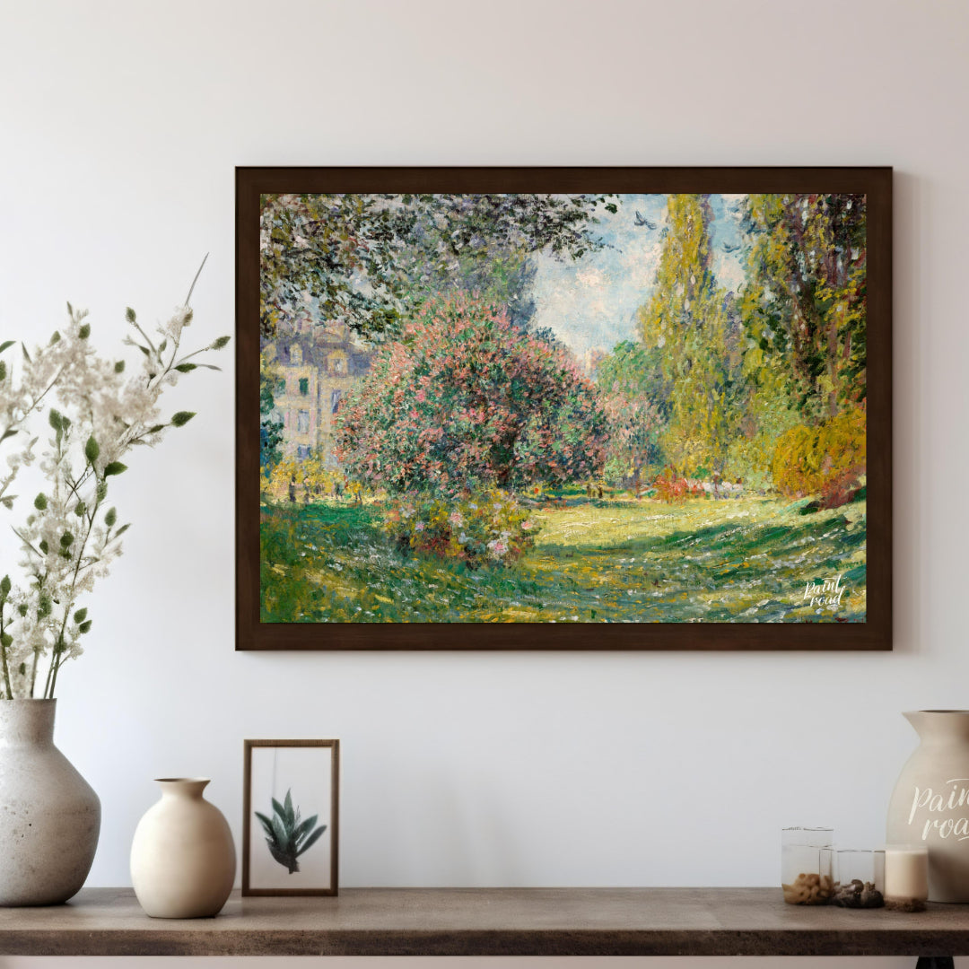 "This painting, ""The Parc Monceau"" by Claude Monet, captures a serene and sunlit scene within the… for living room