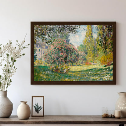 "This painting, ""The Parc Monceau"" by Claude Monet, captures a serene and sunlit scene within the… for living room