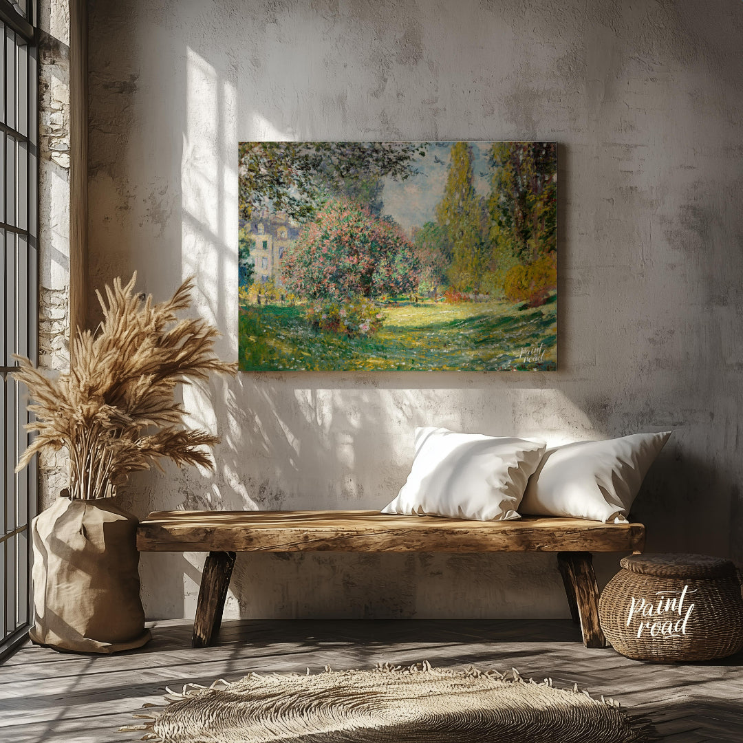 "This painting, ""The Parc Monceau"" by Claude Monet, captures a serene and sunlit scene within the… for living room