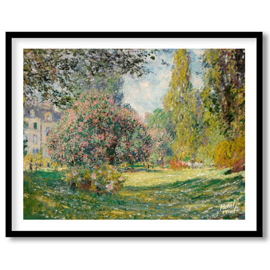 "This painting, ""The Parc Monceau"" by Claude Monet, captures a serene and sunlit scene within the… for place