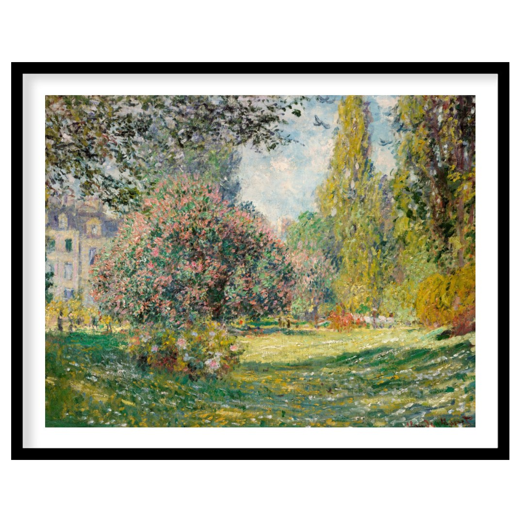 "This painting, ""The Parc Monceau"" by Claude Monet, captures a serene and sunlit scene within the… for place