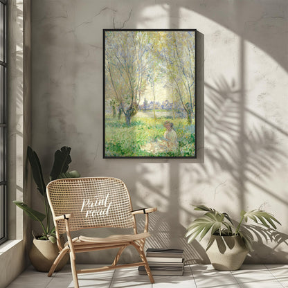 "This painting, ""Woman Seated under the Willows"" by Claude Monet, captures a tranquil scene of a … for living room