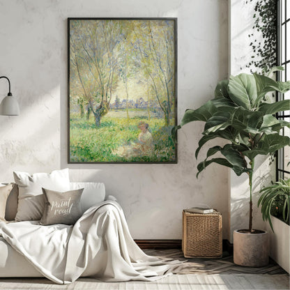 "This painting, ""Woman Seated under the Willows"" by Claude Monet, captures a tranquil scene of a … for living room