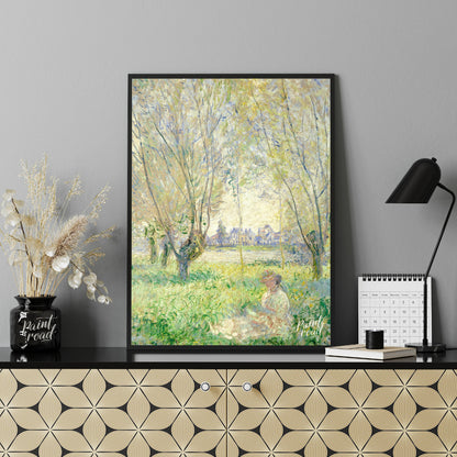 "This painting, ""Woman Seated under the Willows"" by Claude Monet, captures a tranquil scene of a … for office