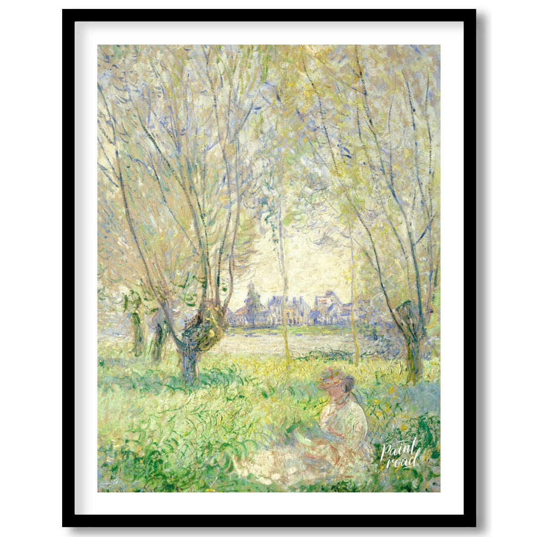 "This painting, ""Woman Seated under the Willows"" by Claude Monet, captures a tranquil scene of a … for room