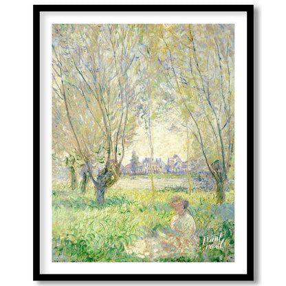 "This painting, ""Woman Seated under the Willows"" by Claude Monet, captures a tranquil scene of a … for room