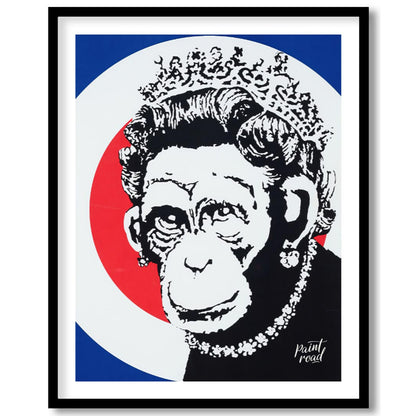 This provocative art print features Banksy’s “Monkey Queen” stencil, portraying Queen Elizabeth II … for area