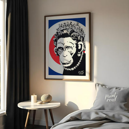 This provocative art print features Banksy’s “Monkey Queen” stencil, portraying Queen Elizabeth II … for bedroom