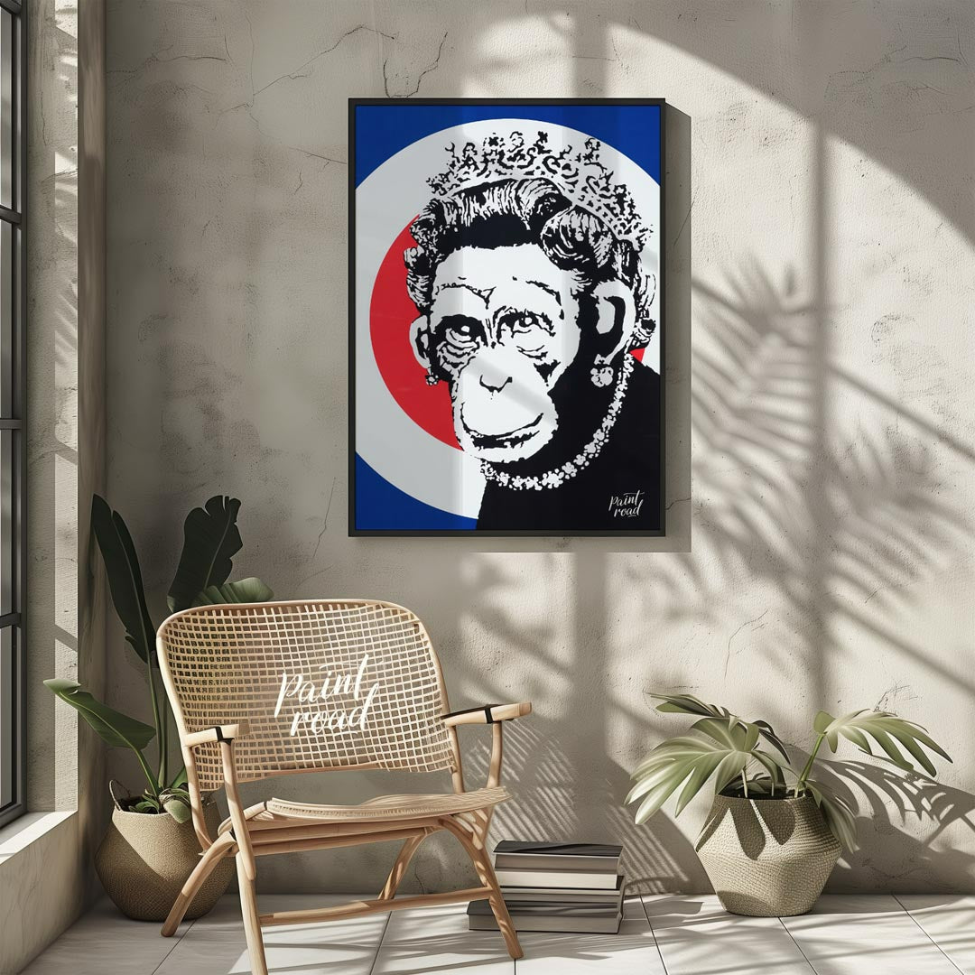 This provocative art print features Banksy’s “Monkey Queen” stencil, portraying Queen Elizabeth II … for living room