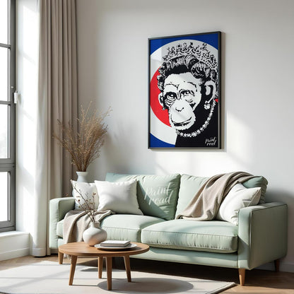 This provocative art print features Banksy’s “Monkey Queen” stencil, portraying Queen Elizabeth II … for living room