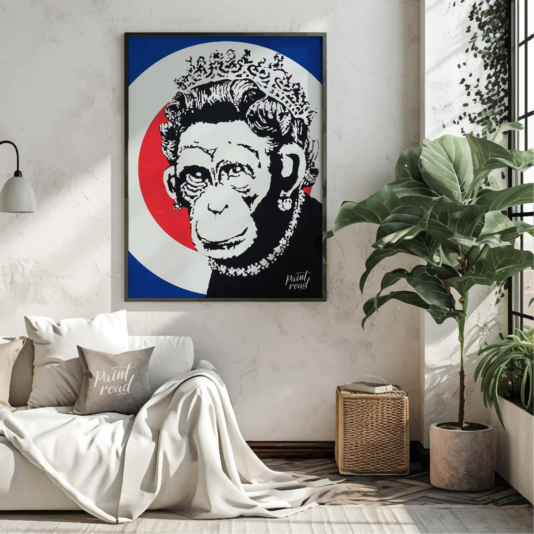 This provocative art print features Banksy’s “Monkey Queen” stencil, portraying Queen Elizabeth II … for living room