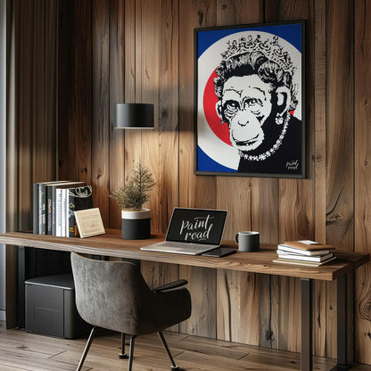 This provocative art print features Banksy’s “Monkey Queen” stencil, portraying Queen Elizabeth II … for office