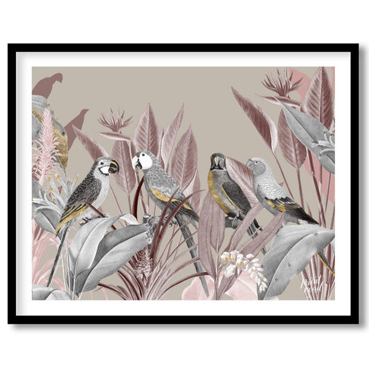 This sophisticated artwork features four distinct parrots perched amidst an array of stylized tropi… for house