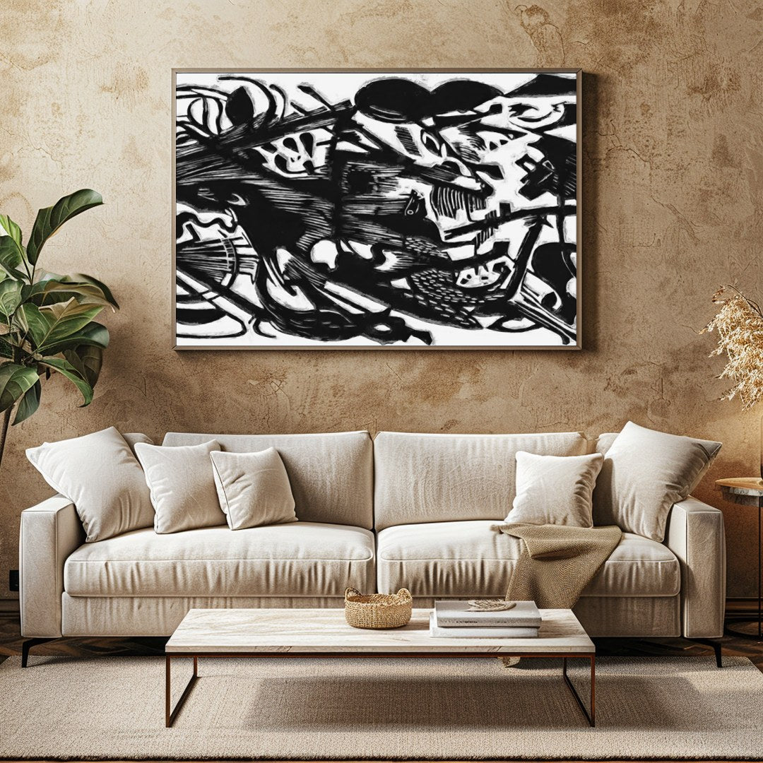 Dive into a world of dynamic contrasts with this bold monochrome abstract artwork. Its intricate for Family Room