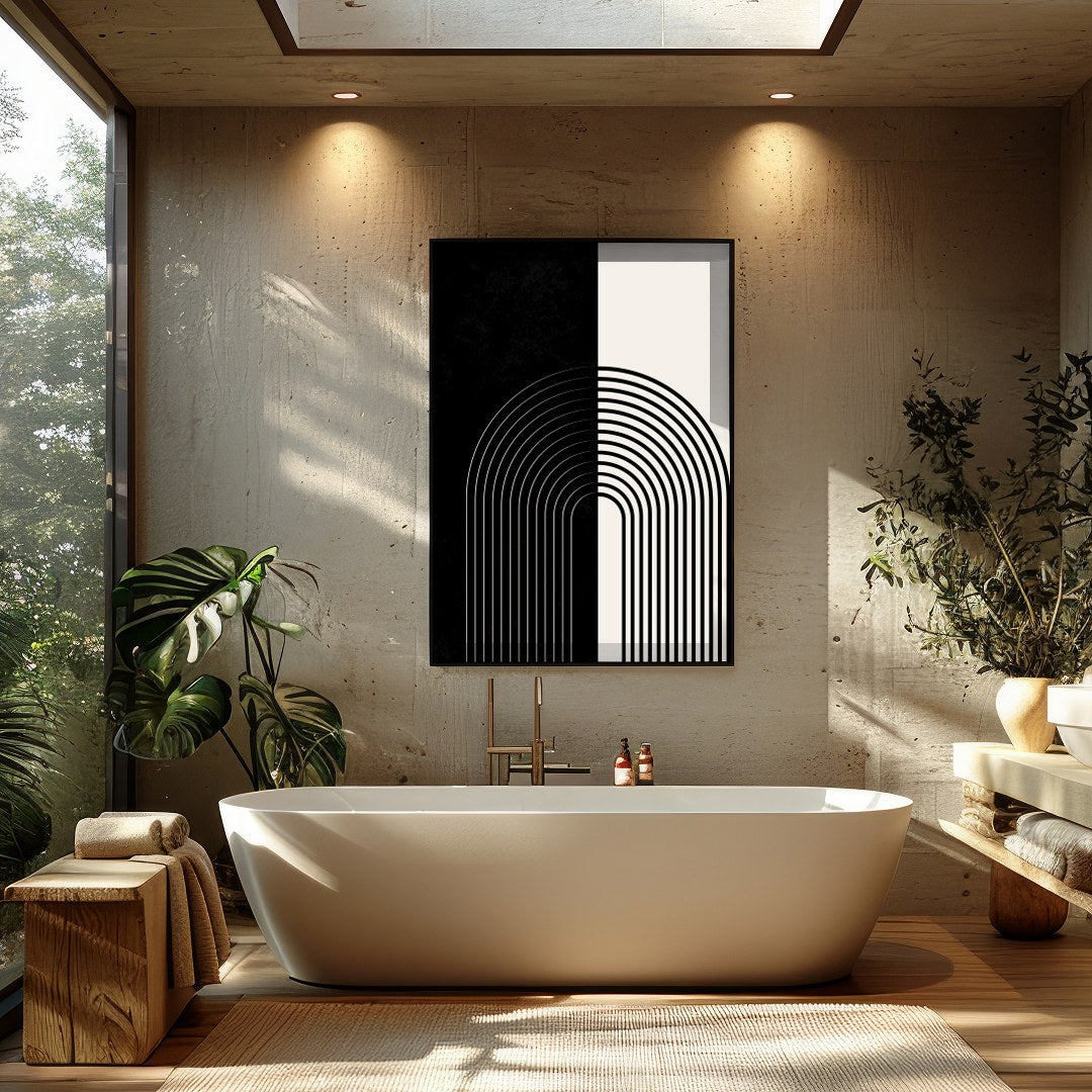 Elevate your space with this striking monochrome artwork that features a seamless blend of black for Bathroom