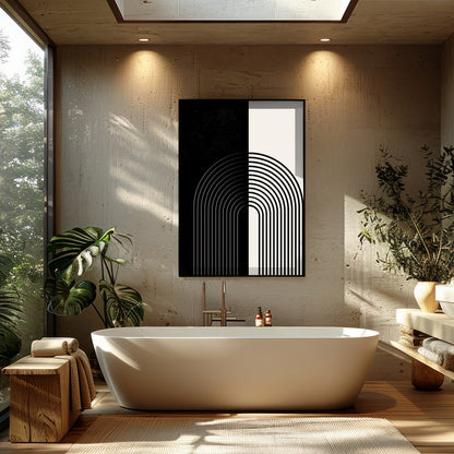 Elevate your space with this striking monochrome artwork that features a seamless blend of black for Bathroom