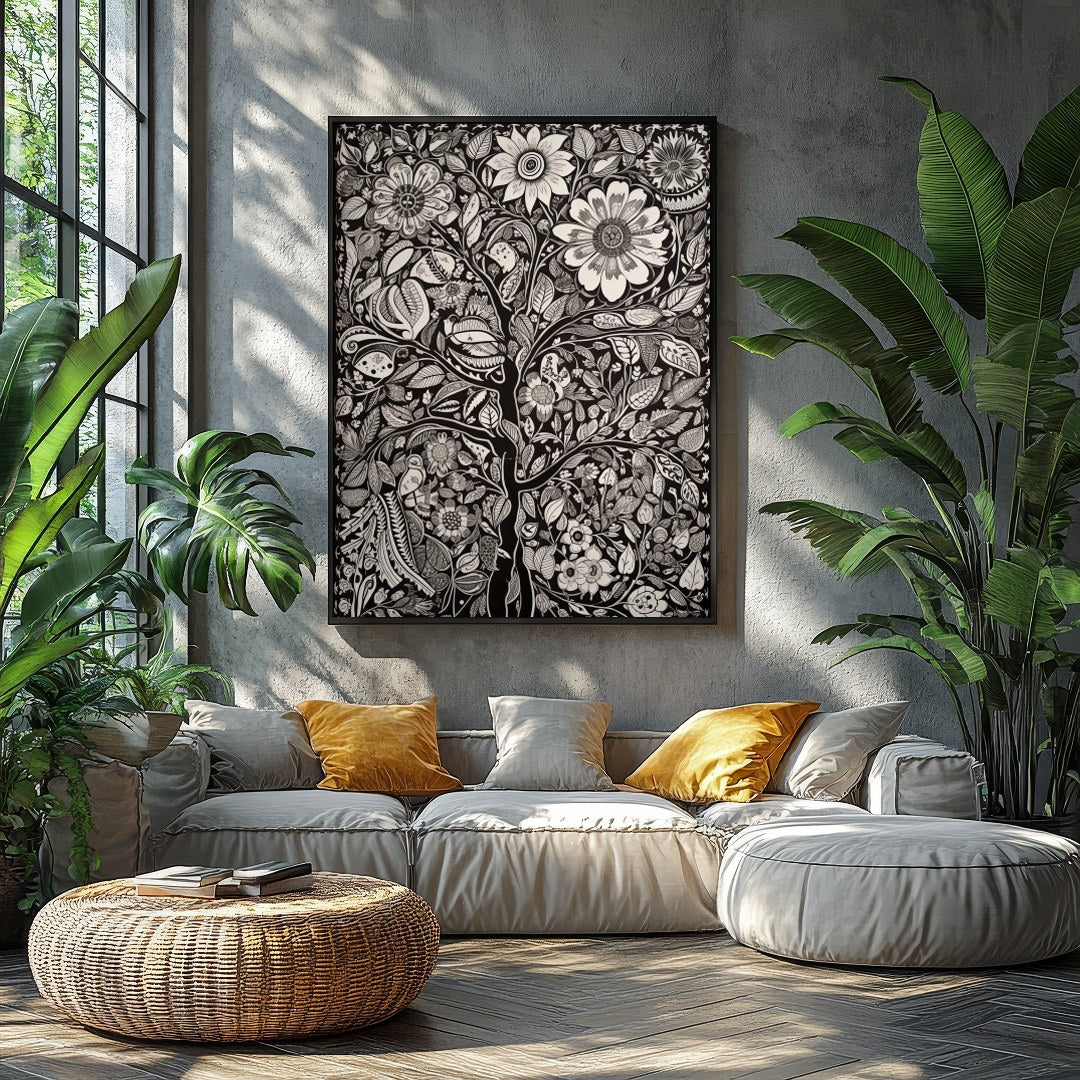 This captivating monochrome artwork beautifully fuses intricate floral motifs with a touch of for Balcony