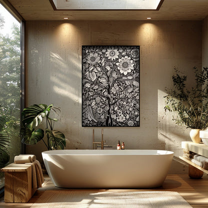 This captivating monochrome artwork beautifully fuses intricate floral motifs with a touch of for Bathroom