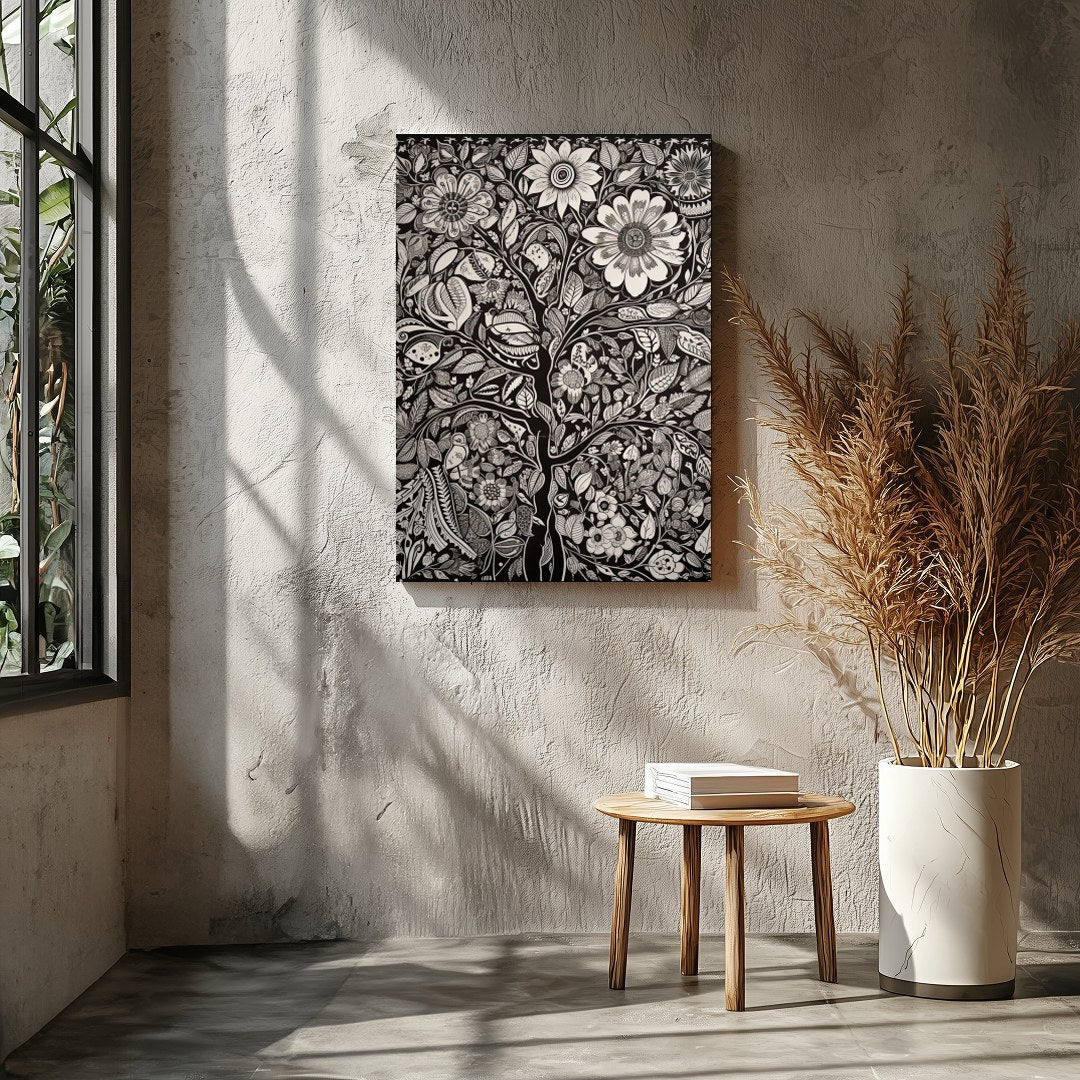 This captivating monochrome artwork beautifully fuses intricate floral motifs with a touch of for Entrance