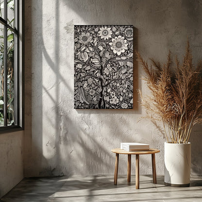 This captivating monochrome artwork beautifully fuses intricate floral motifs with a touch of for Entrance