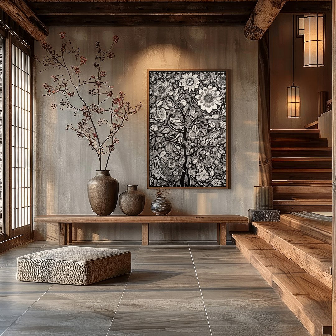 This captivating monochrome artwork beautifully fuses intricate floral motifs with a touch of for Hall