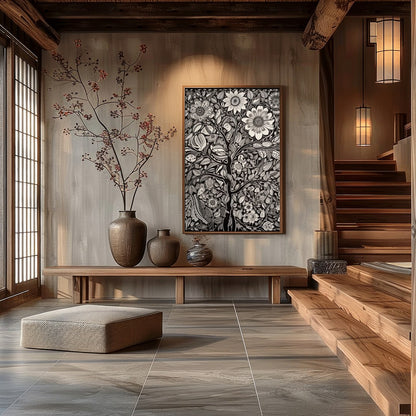 This captivating monochrome artwork beautifully fuses intricate floral motifs with a touch of for Hall
