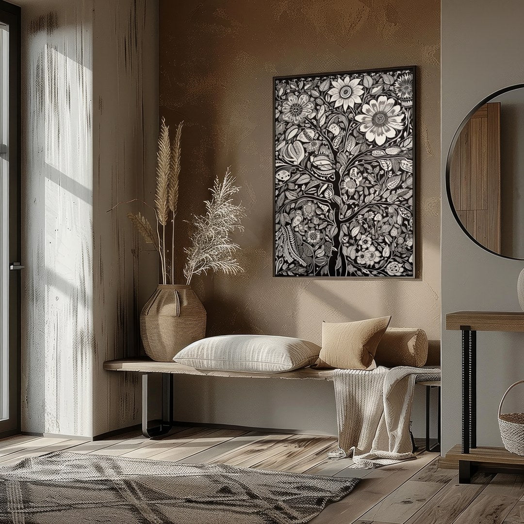 This captivating monochrome artwork beautifully fuses intricate floral motifs with a touch of for home