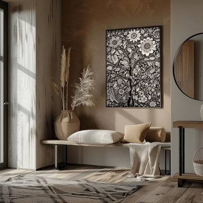 This captivating monochrome artwork beautifully fuses intricate floral motifs with a touch of for home