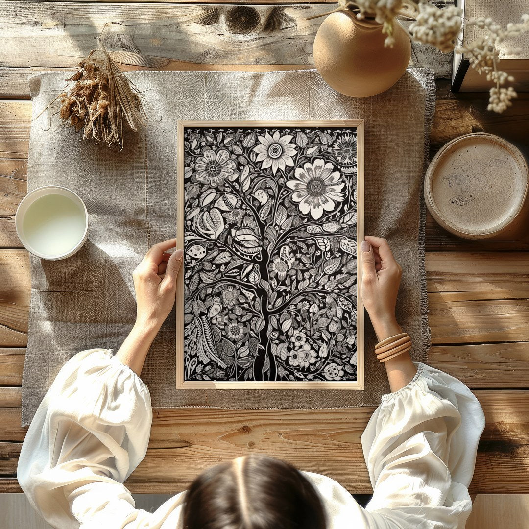 This captivating monochrome artwork beautifully fuses intricate floral motifs with a touch of for Kitchen