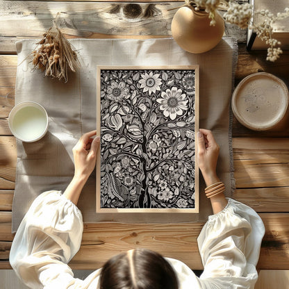This captivating monochrome artwork beautifully fuses intricate floral motifs with a touch of for Kitchen
