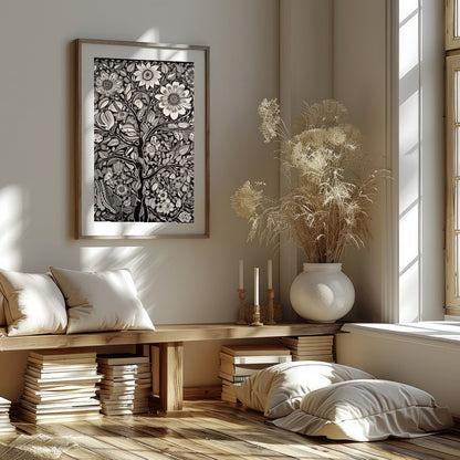 This captivating monochrome artwork beautifully fuses intricate floral motifs with a touch of for loft