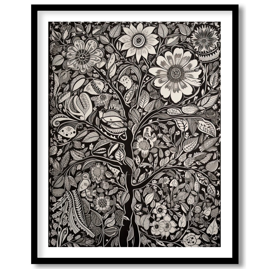This captivating monochrome artwork beautifully fuses intricate floral motifs with a touch of for retreat
