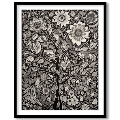 This captivating monochrome artwork beautifully fuses intricate floral motifs with a touch of for retreat