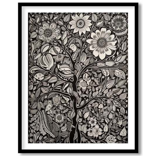 This captivating monochrome artwork beautifully fuses intricate floral motifs with a touch of for retreat
