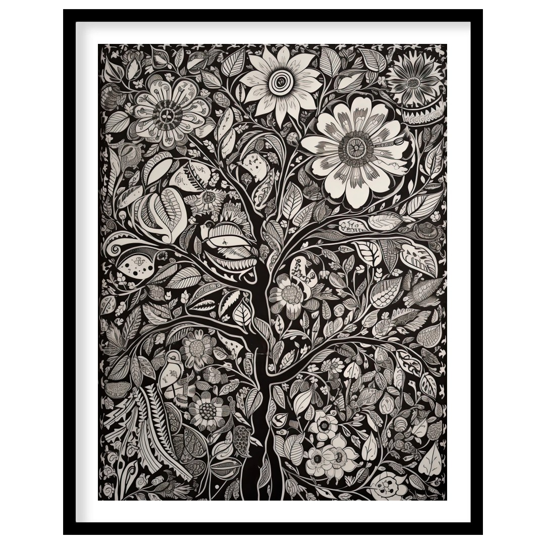 This captivating monochrome artwork beautifully fuses intricate floral motifs with a touch of for retreat
