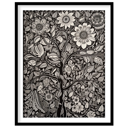 This captivating monochrome artwork beautifully fuses intricate floral motifs with a touch of for retreat