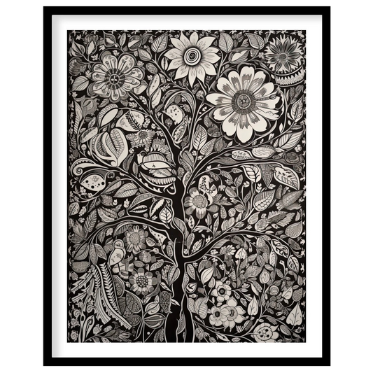 This captivating monochrome artwork beautifully fuses intricate floral motifs with a touch of for retreat