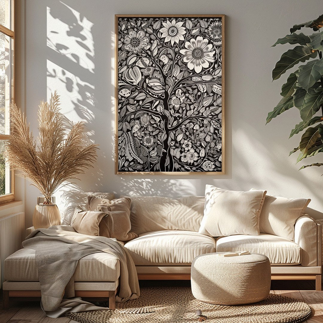 This captivating monochrome artwork beautifully fuses intricate floral motifs with a touch of for Sitting Area