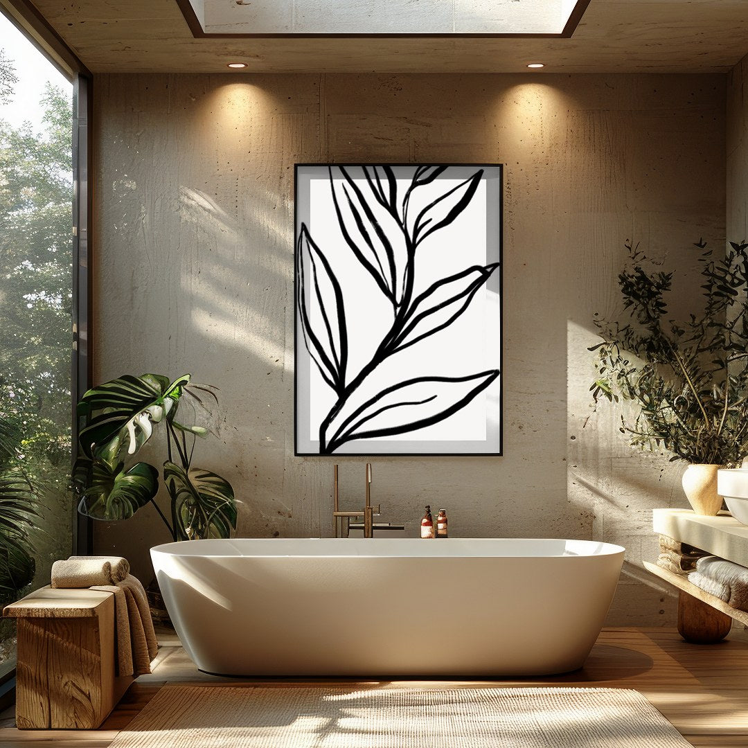 Elevate your space with this striking monochrome botanical artwork. Featuring bold, minimalist for Bathroom