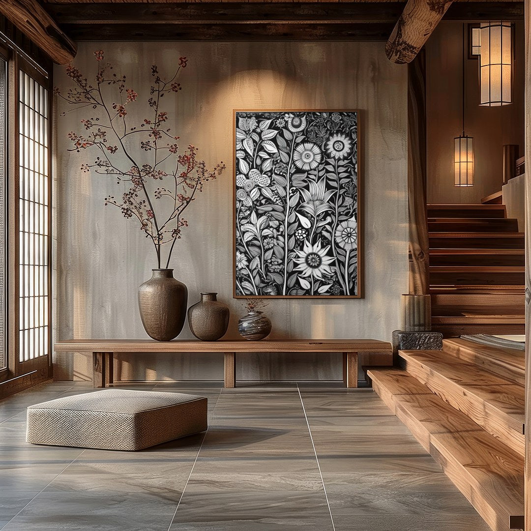 Experience the intricate beauty of nature with this monochrome botanical artwork. The exquisite for Hall