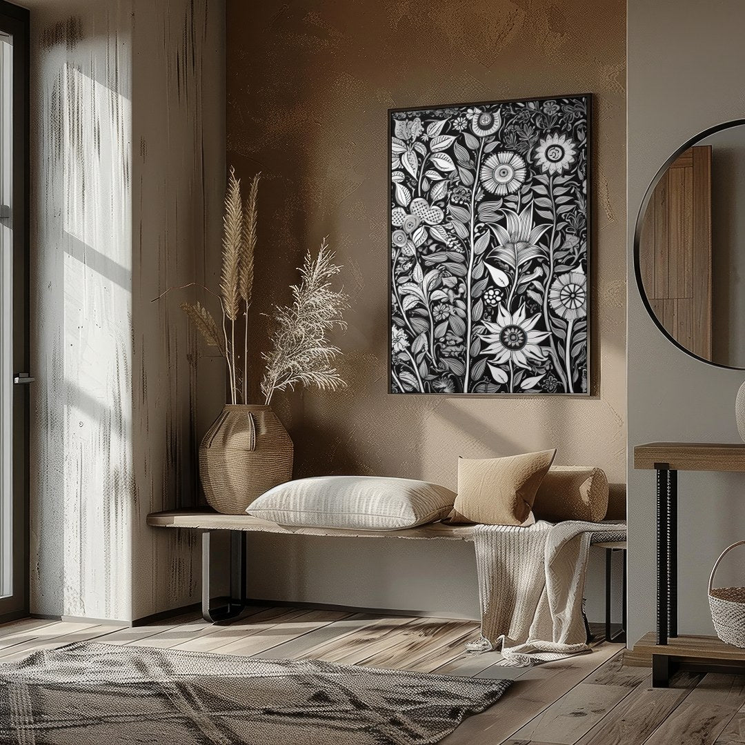 Experience the intricate beauty of nature with this monochrome botanical artwork. The exquisite for hallway