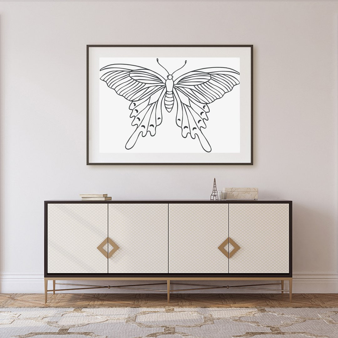 This exquisite line art butterfly illustration encapsulates grace and elegance on a minimalist for Foyer