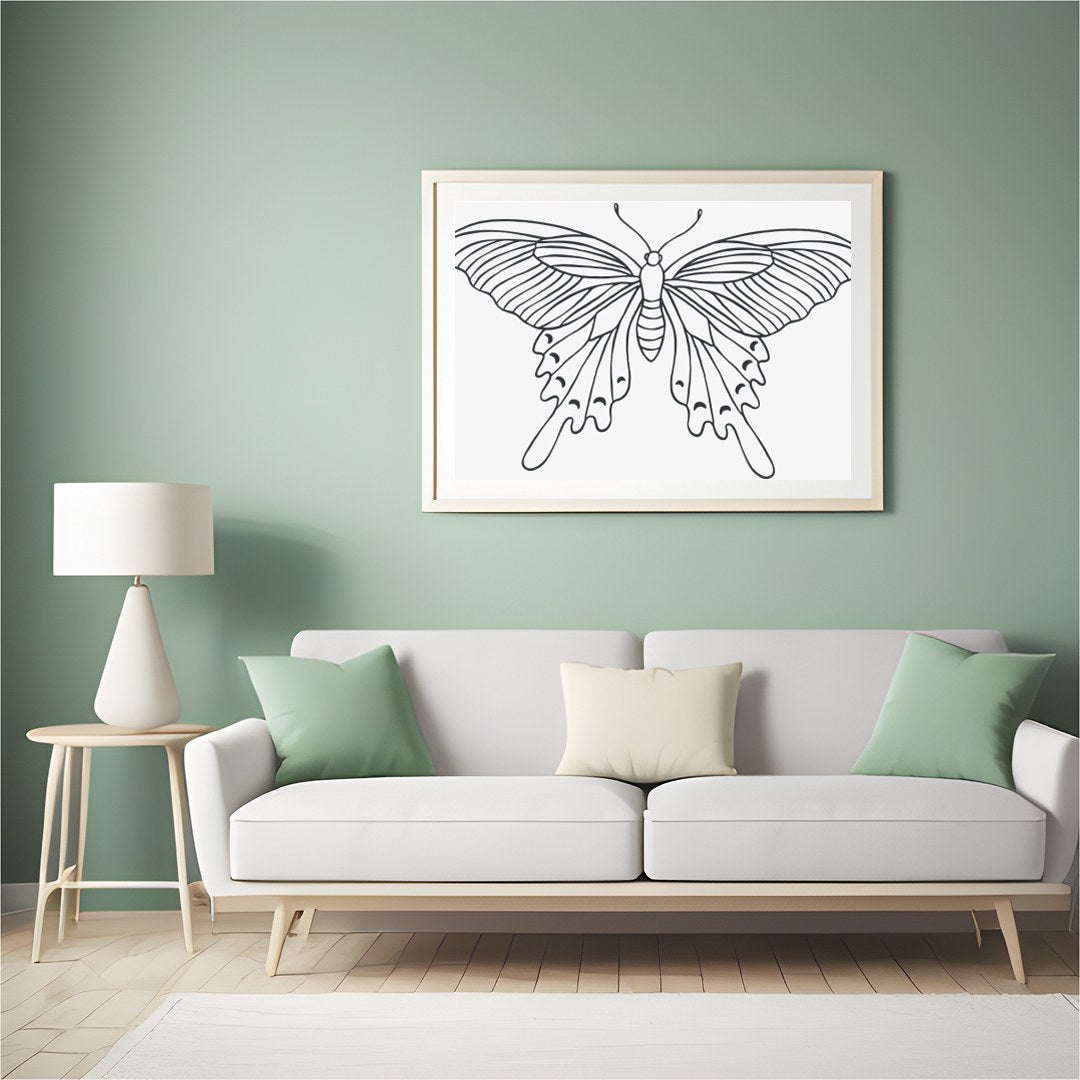 This exquisite line art butterfly illustration encapsulates grace and elegance on a minimalist for Hall