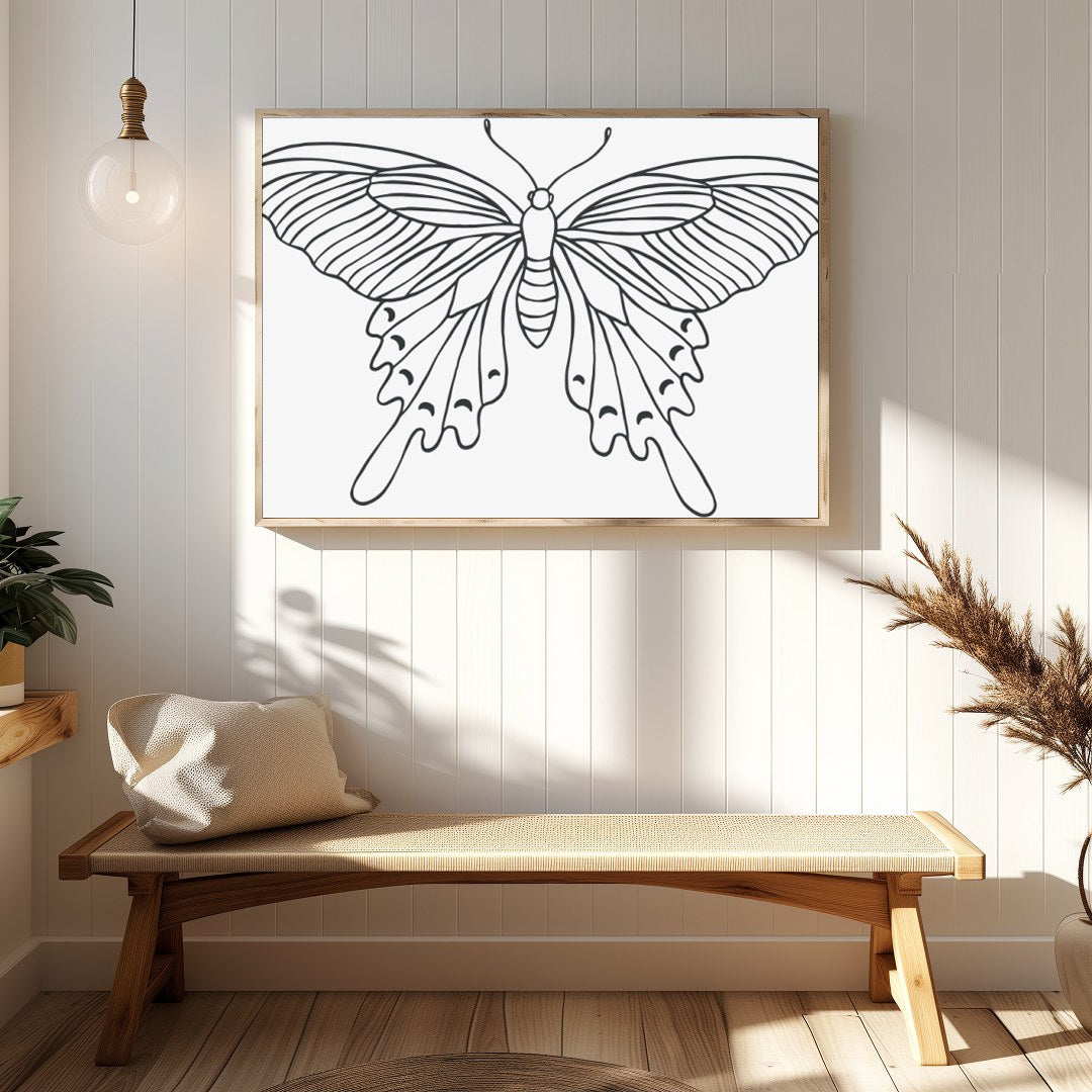 This exquisite line art butterfly illustration encapsulates grace and elegance on a minimalist for Hallway